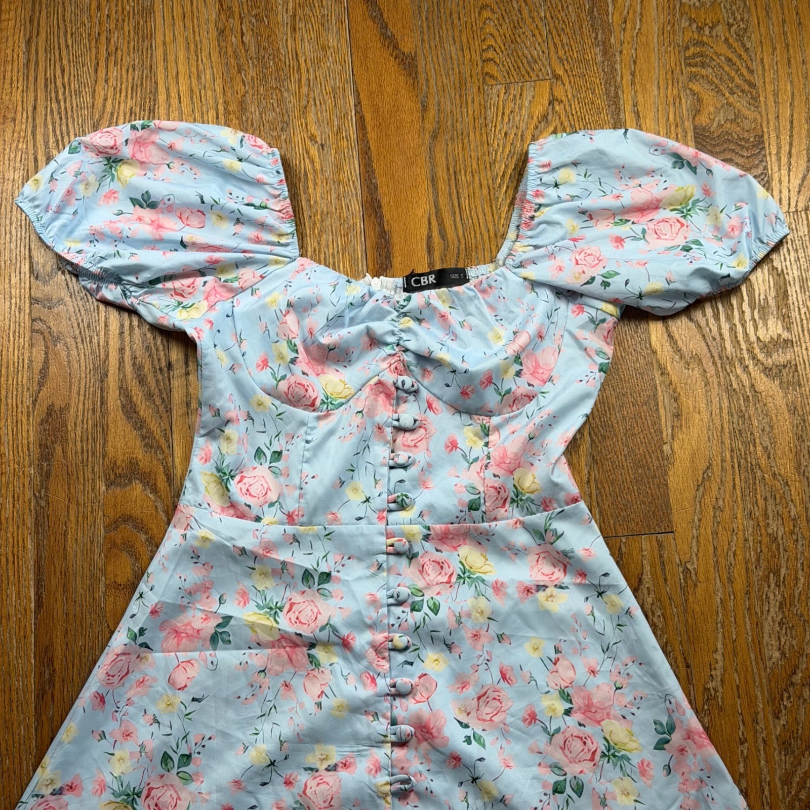 Cottagecore CBR Floral Puff Sleeve Mini Dress Sweetheart Neckline Small Prairie