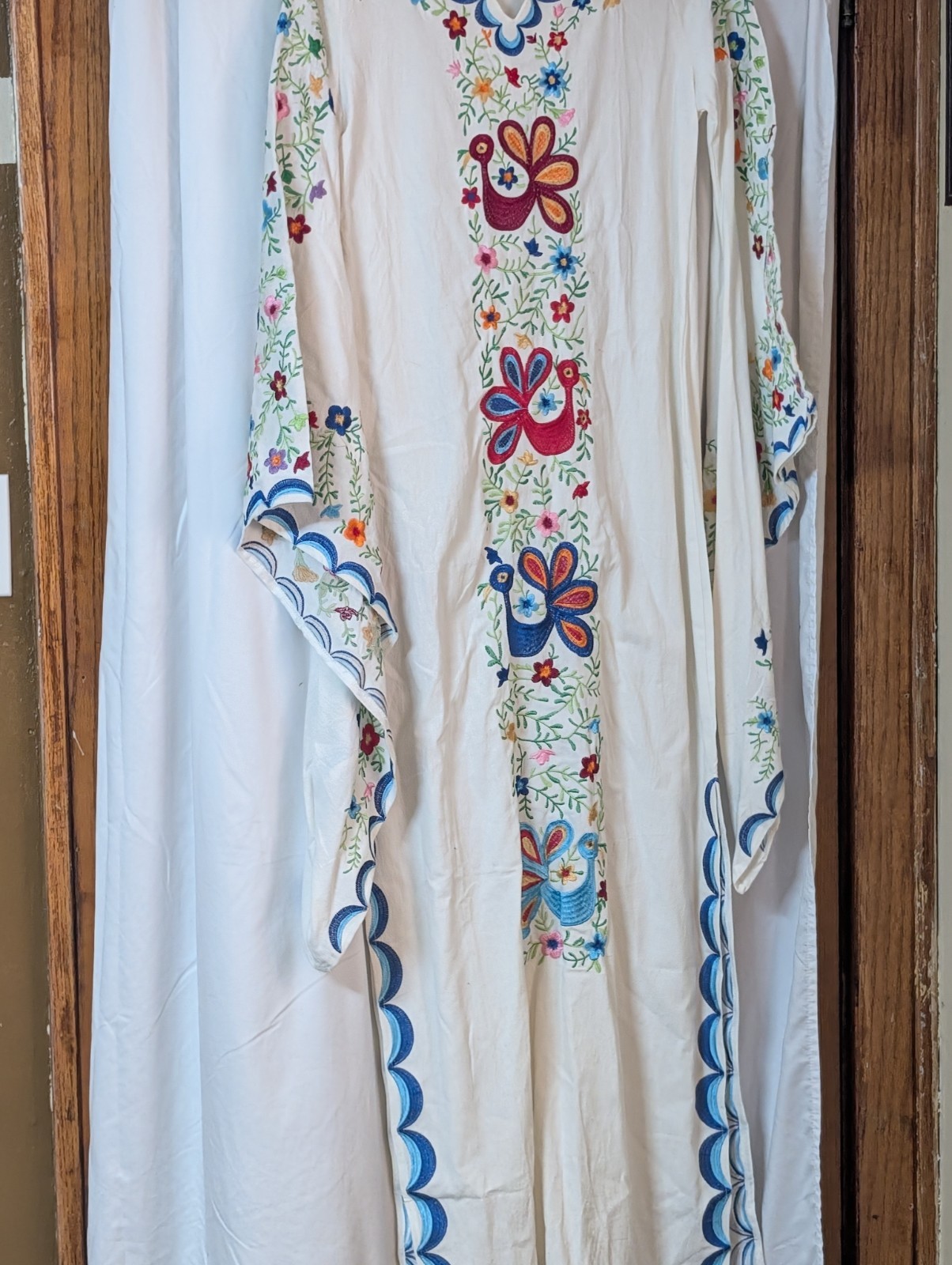 Women’s White Cotton Woven Kaftan Long Dress, Floral Bird Embroidered, One Size