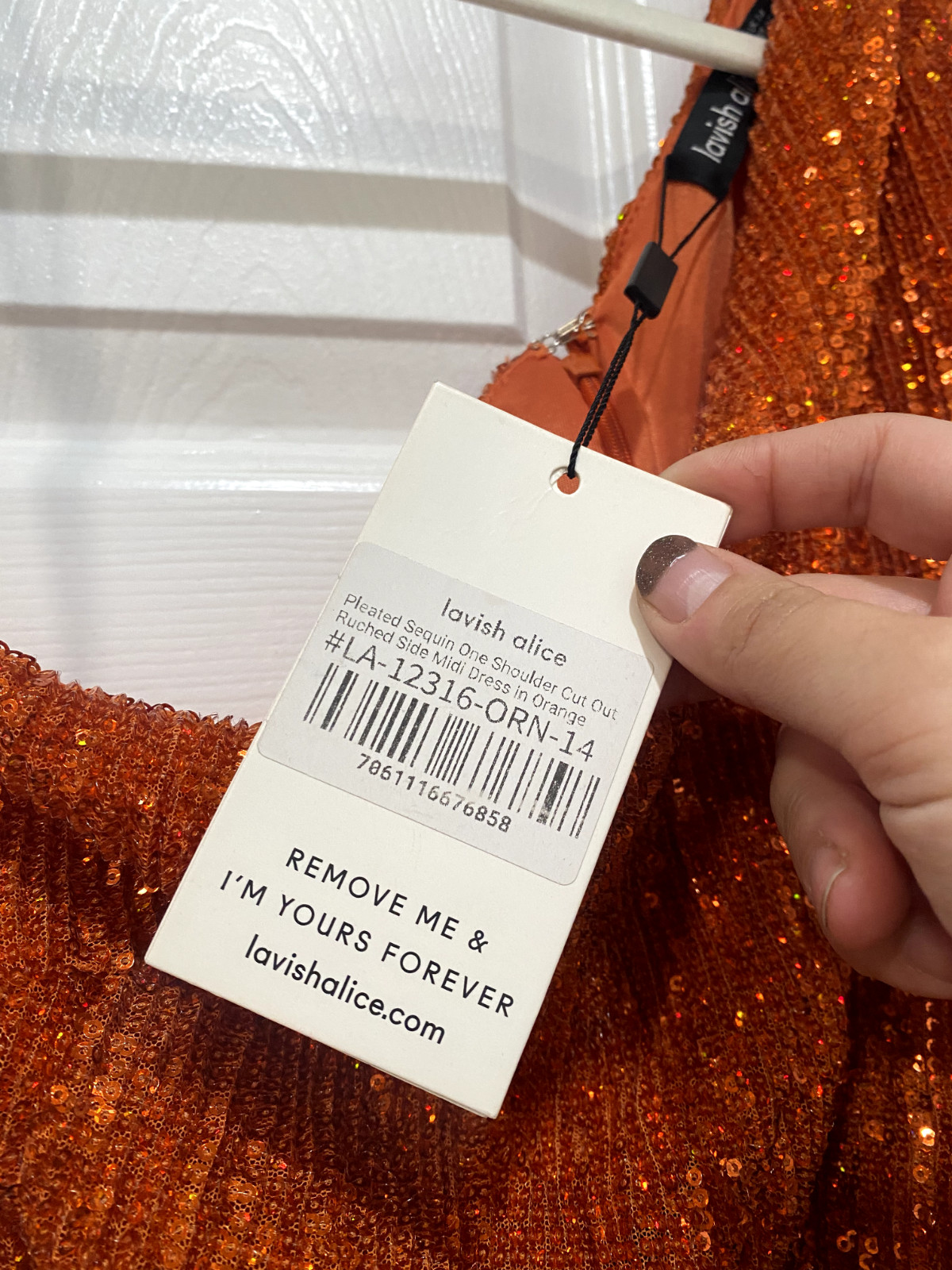 Lavish Alice – Pleated Sequin Cut Out Ruched Side Midi Dress in Orange (US 10)