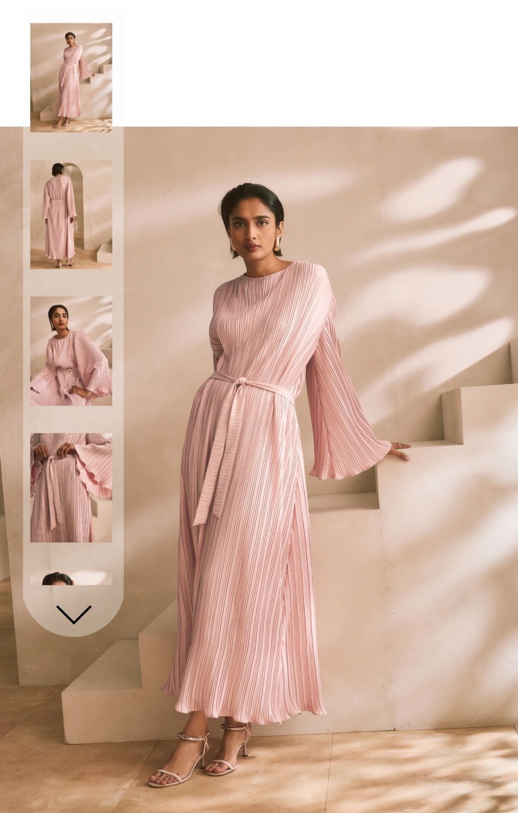 Blush Pink Metallic Plisse Long Sleeve Slash Neck Belted Maxi Dress