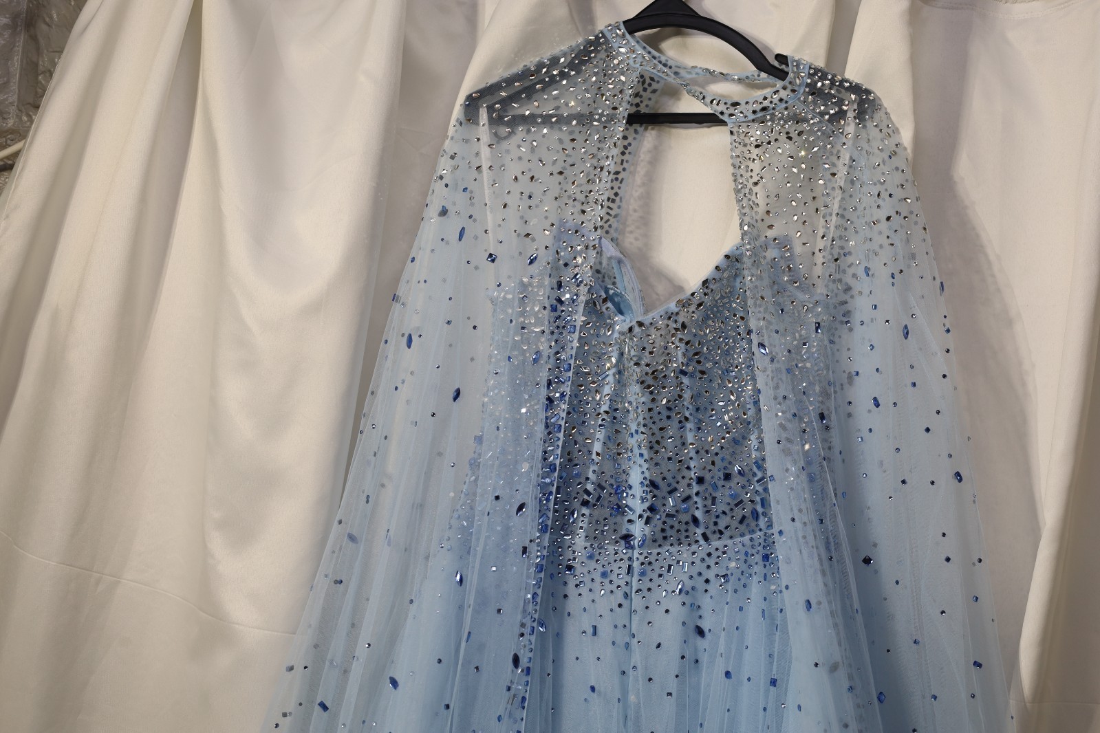 Elegant Evening Dress Light Blue Tulle Crystal Embellished Rhinestones
