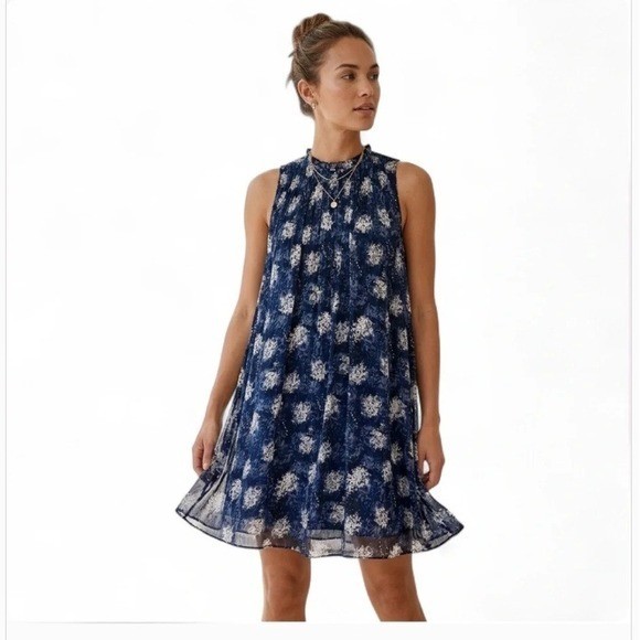 Joie Batlic Navy Blue Floral Chiffon Smocked High Neck Sleeveless Shift Dress