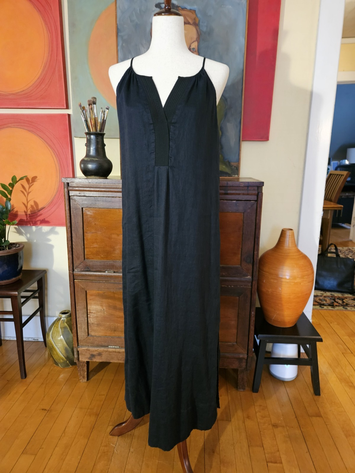 J Crew Long Black Linen Lined Maxi Dress Spaghetti Strap Small 50 inches long
