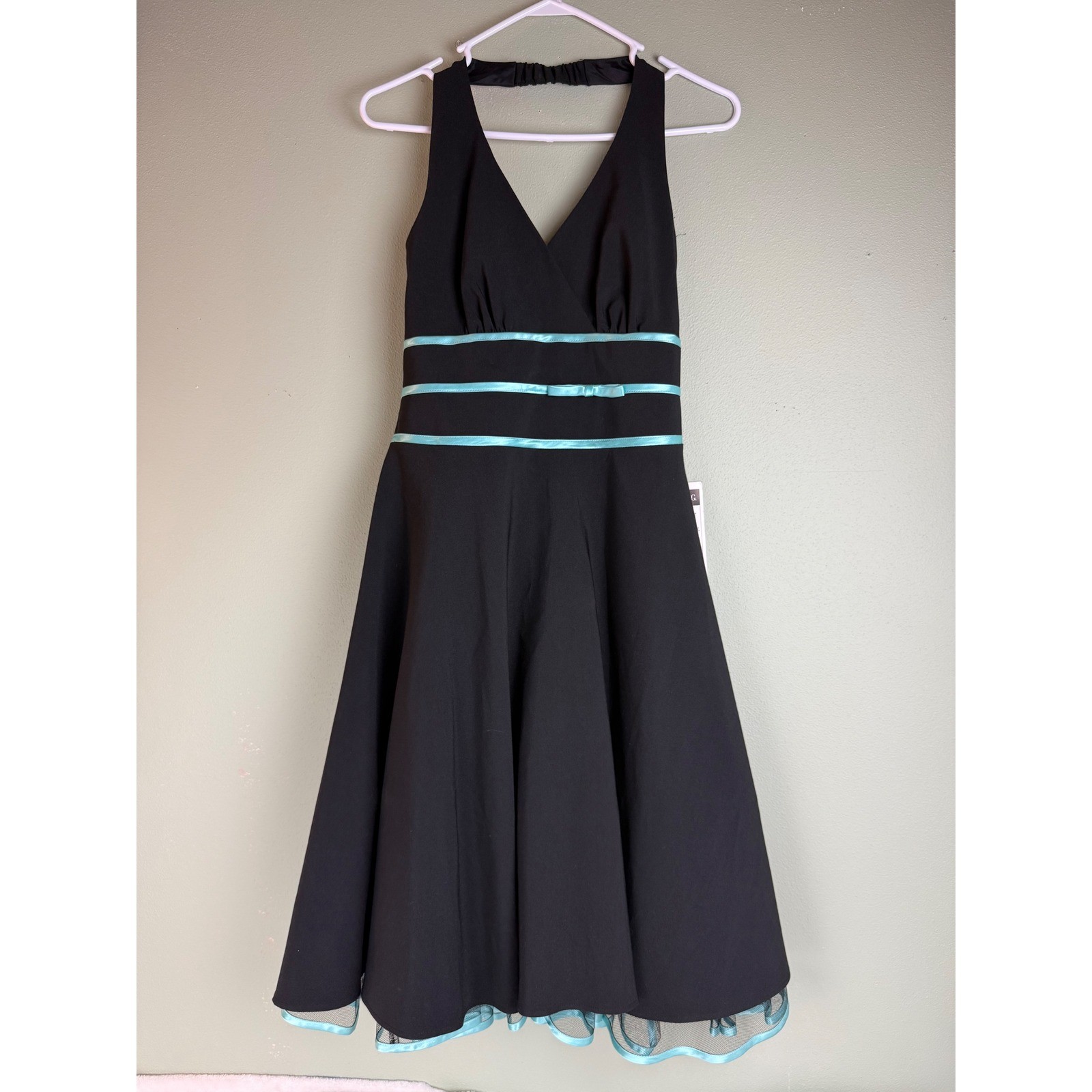 Studio 1940 Fashion Bug Black Halter Dress Teal Trim Rockabilly Vintage Y2K Sz 8