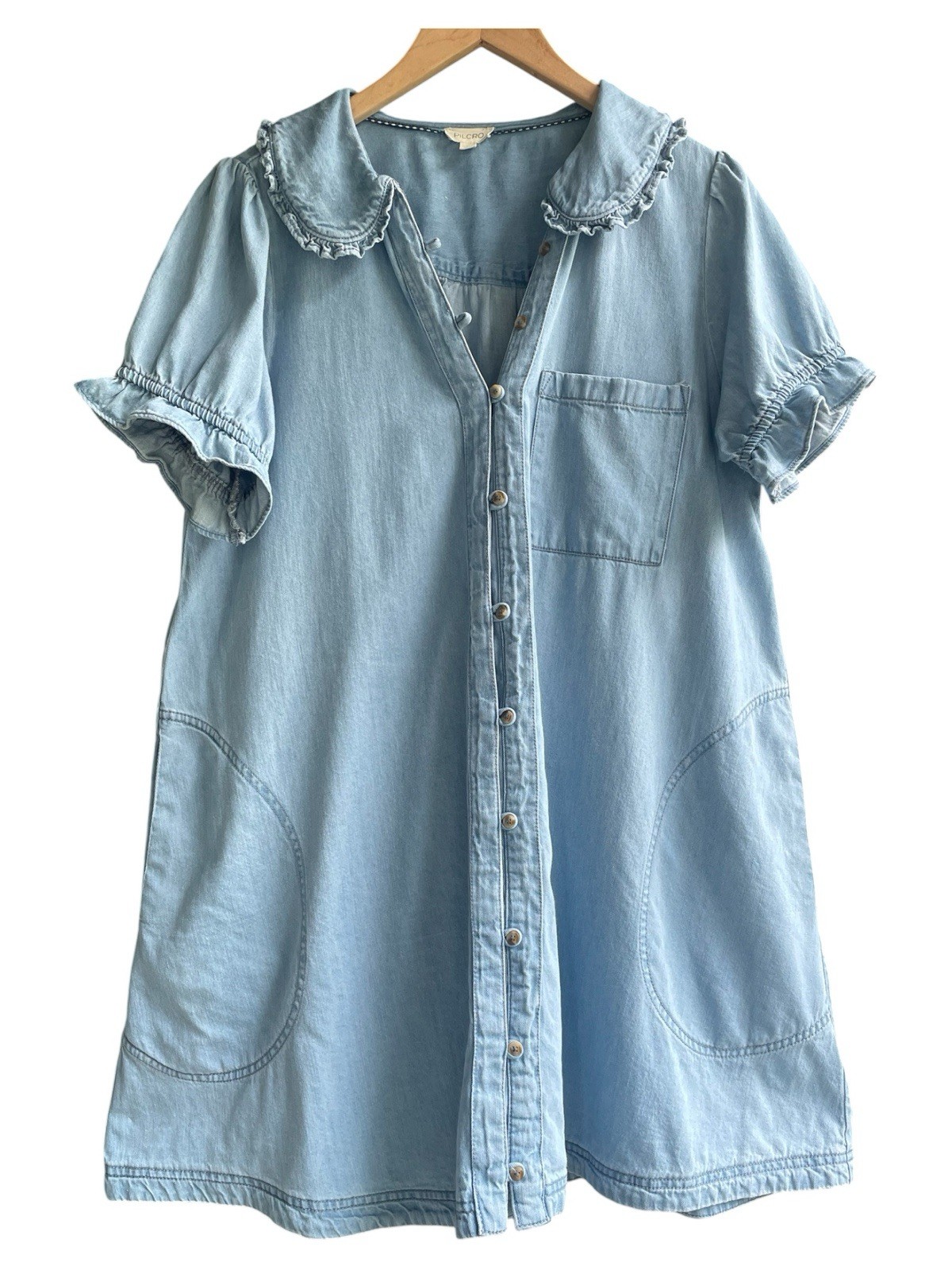 Anthropologie Pilcro Keira Denim Mini Dress Size L Babydoll Tiered ShirtDress