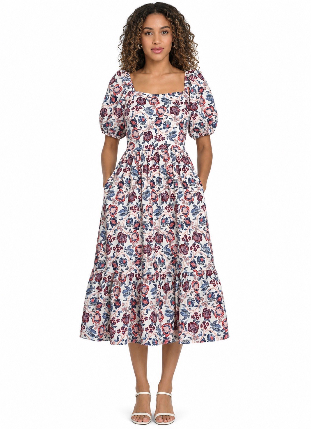 Falling Flowers Dress Womens L Floral Cottagecore Puff Sleeve Smocked Pockets