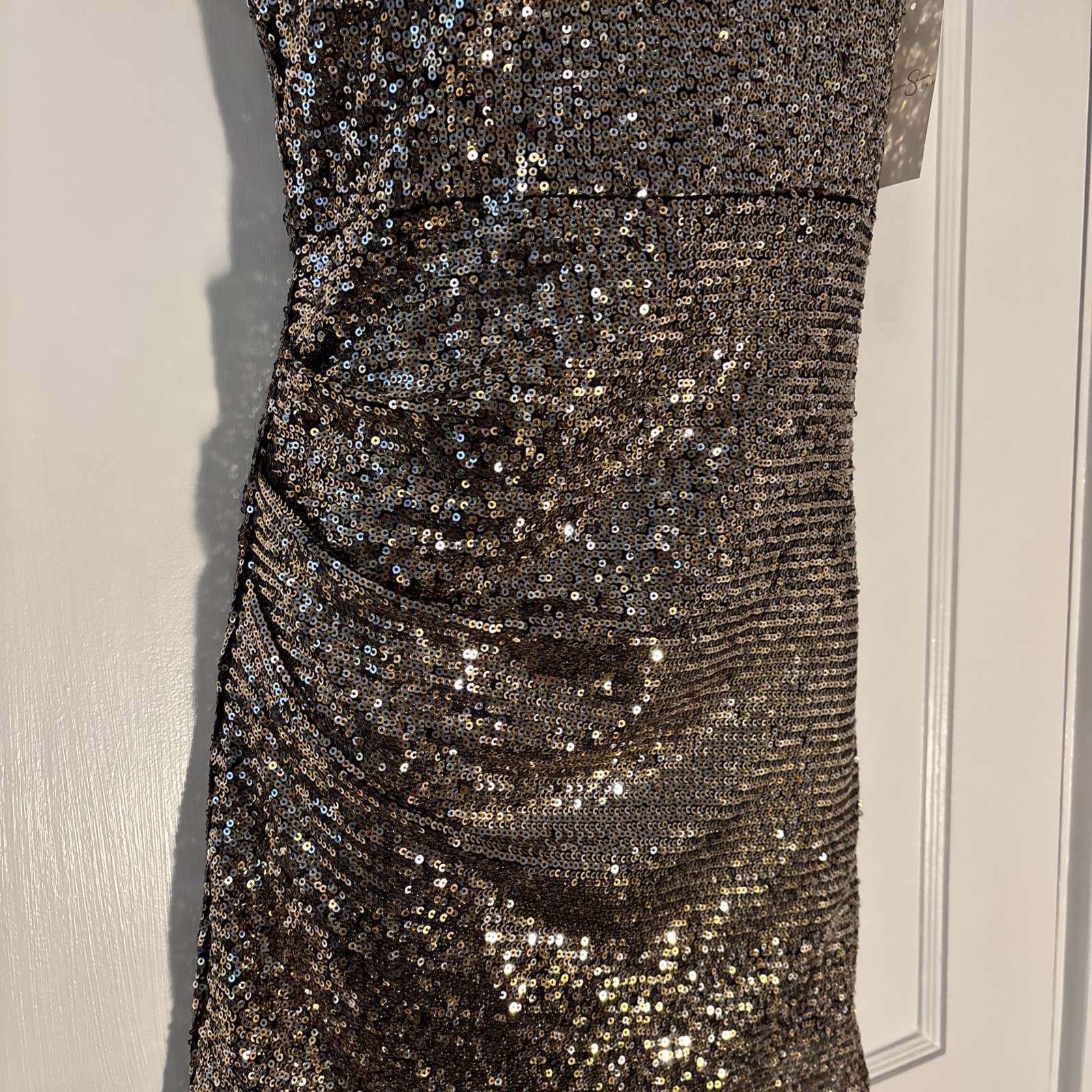 Jessica Simpson Gold Halter Neck Rouched Waist Sequin Dress Sz 10 Stretchy NWT