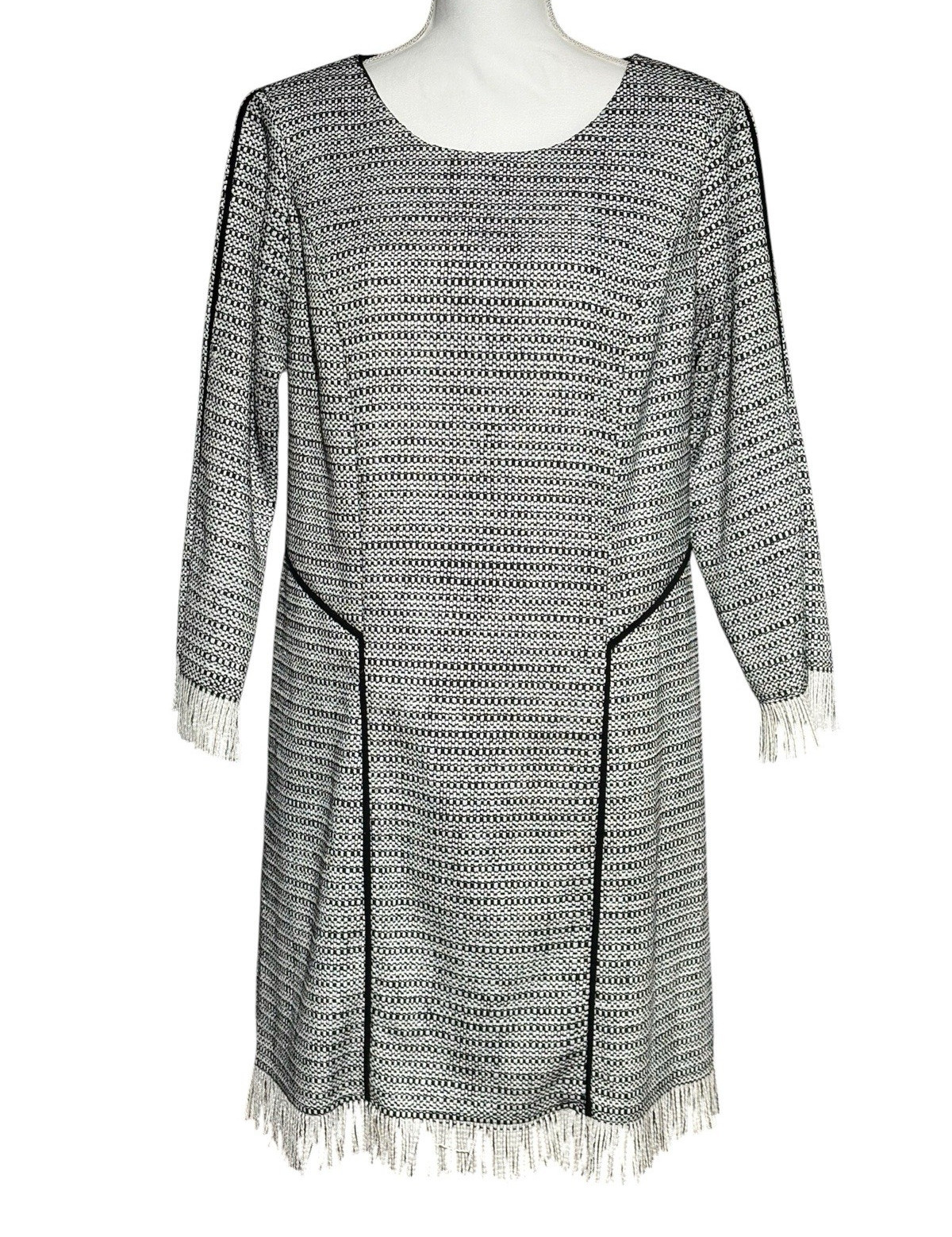 Sam Edelman Black &White Tweed Dress Size L Long Sleeve Fringe Hem Open Bow Back