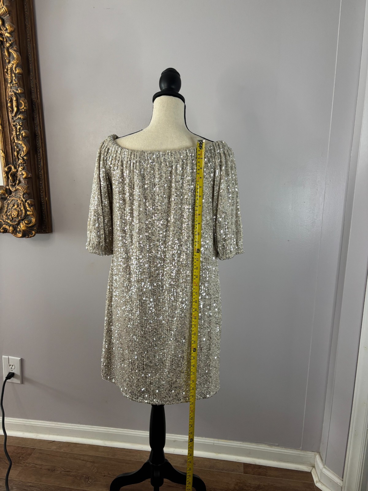 Venus Sequin Mini Dress M Silver Champagne Off Shoulder Party Cocktail Shift