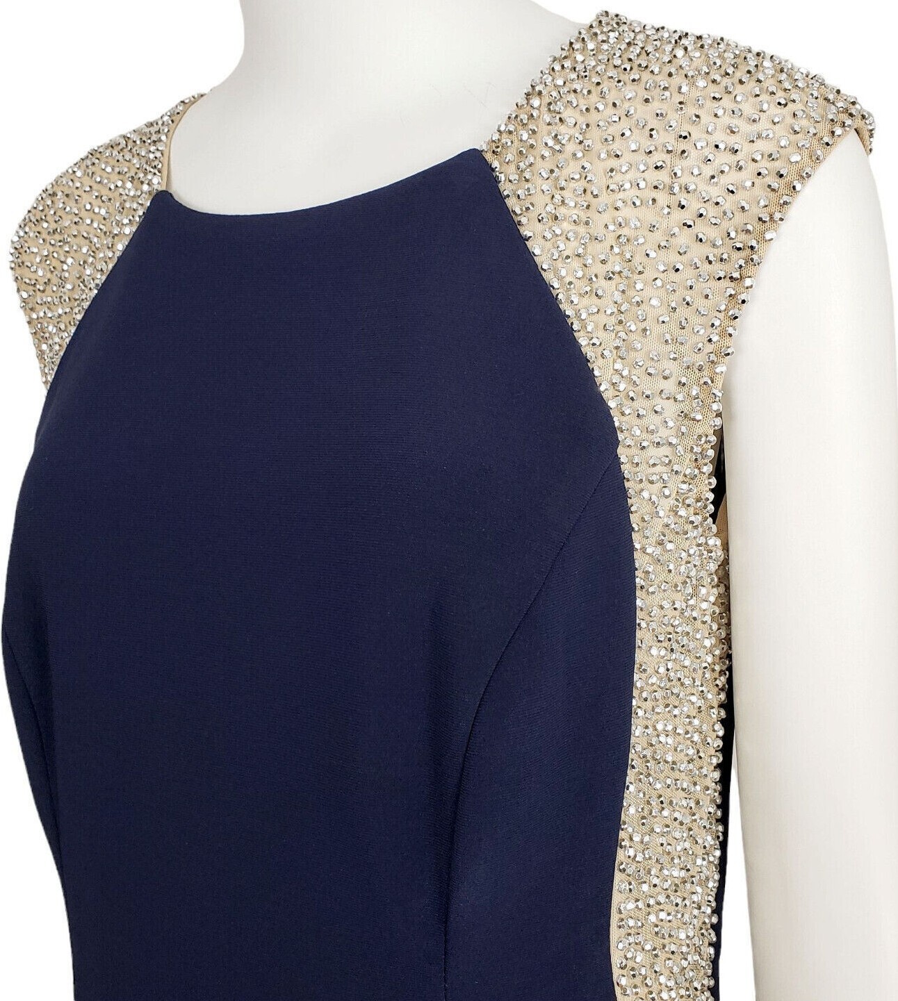 Xscape Women’s Beaded Mesh Jersey Maxi Peplum Ball Gown, Navy, Tall 6,8,10,12,14