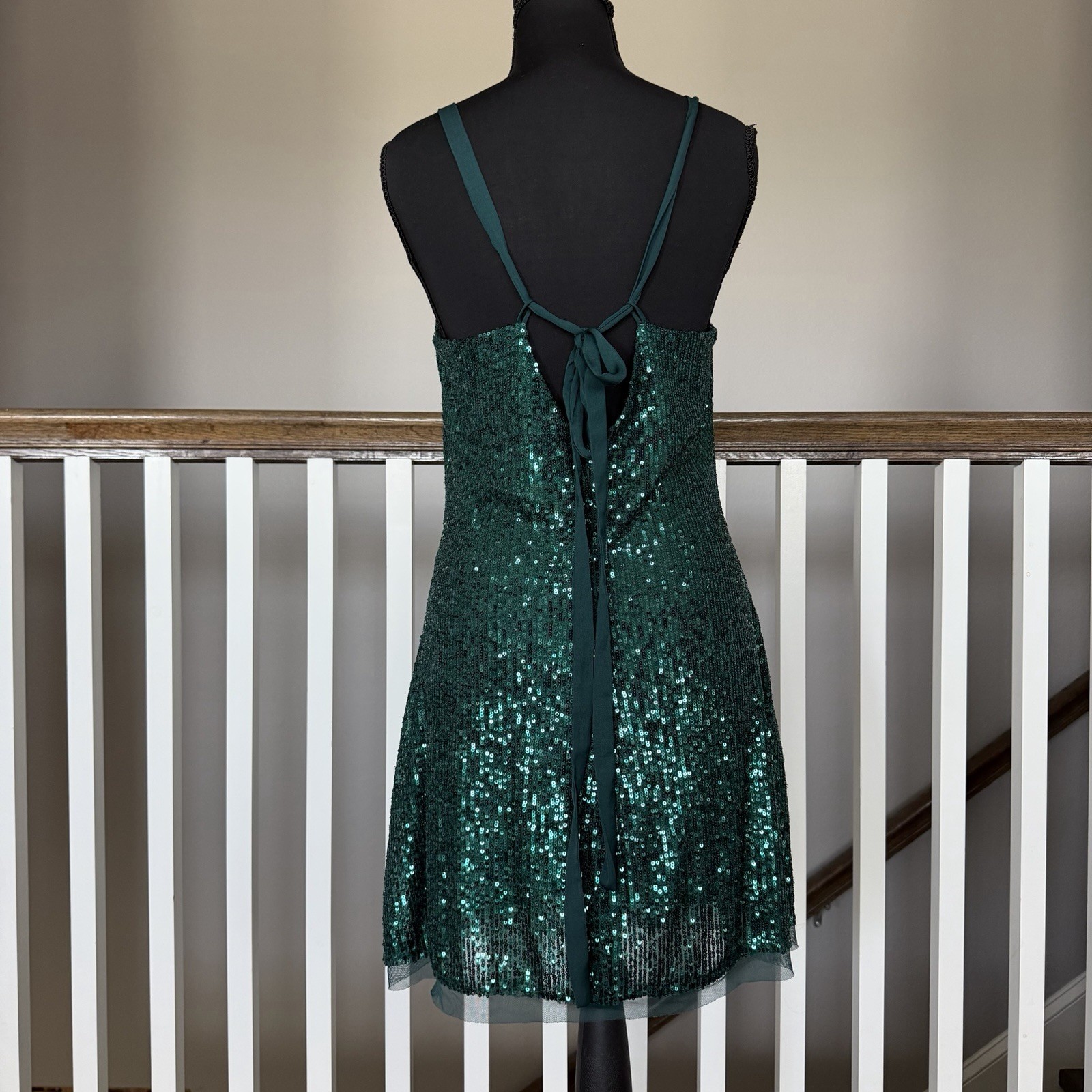 Free People Green Sequin Mini Dress Chemise Gown Bow Medium Whimsigoth Party