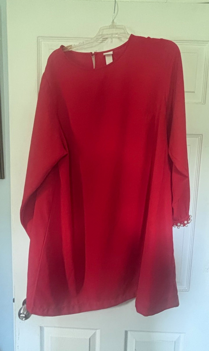 H&M Women’s Red Solid Shift Short Dress Round Neck Beaded Cuffs Zip Sz 14