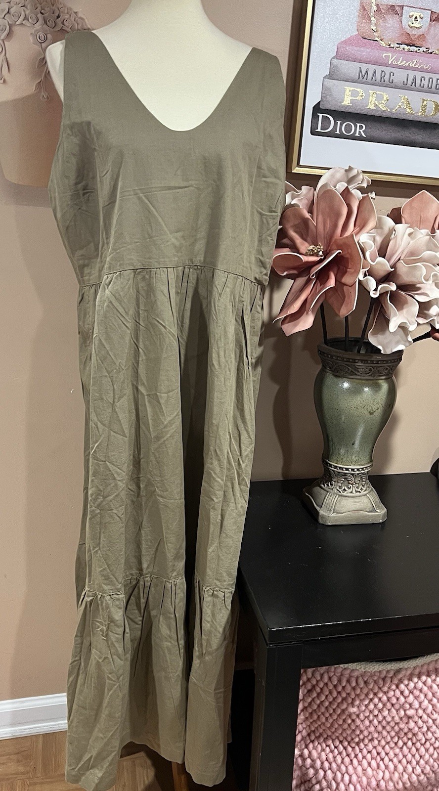 Pact Khaki Green Canopy Linen Organic Cotton Easy Tank MIDI Dress Size XL