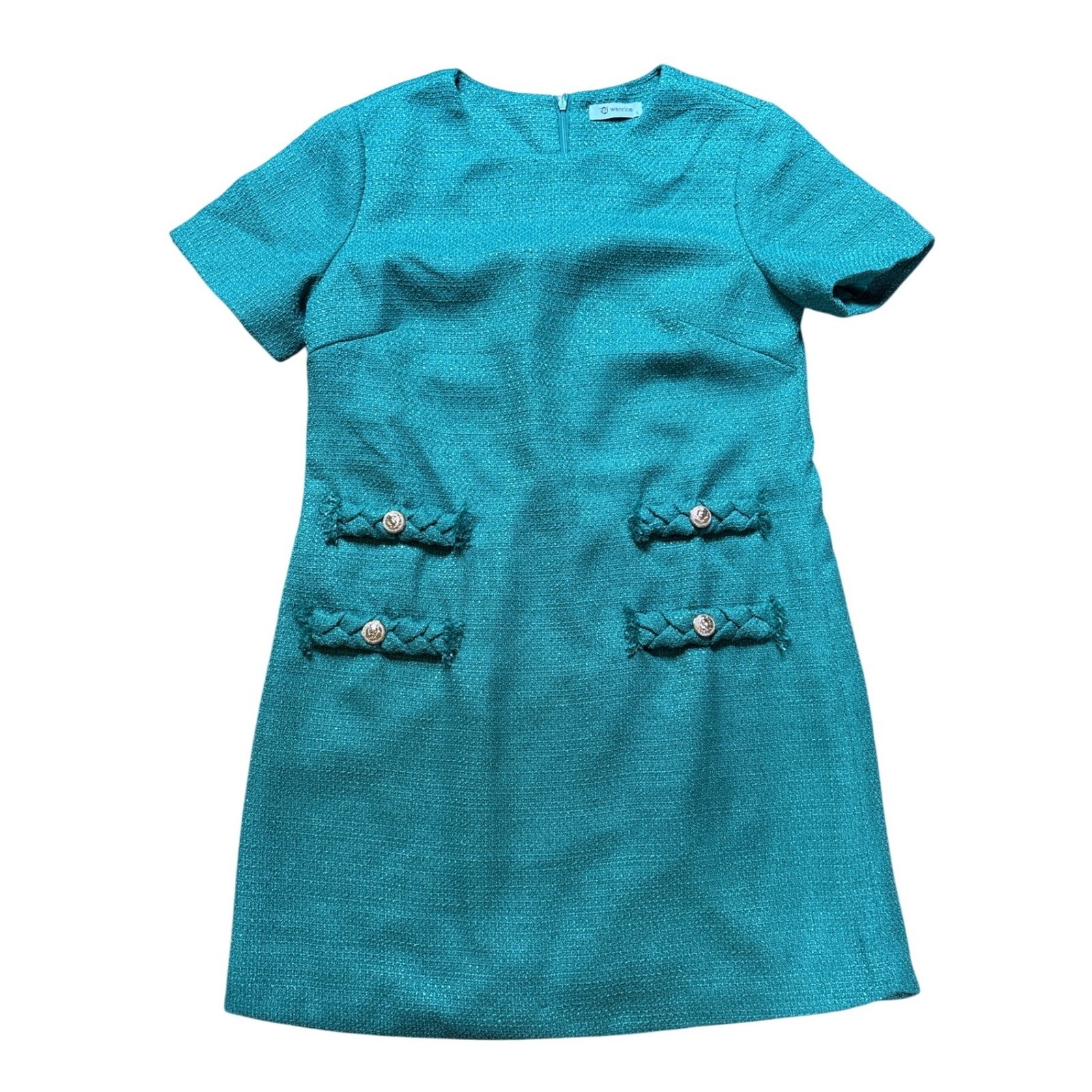 Wenrine Tweed Shift Dress Women Teal Excellent Gold Button Mini G3P496L SIZE L