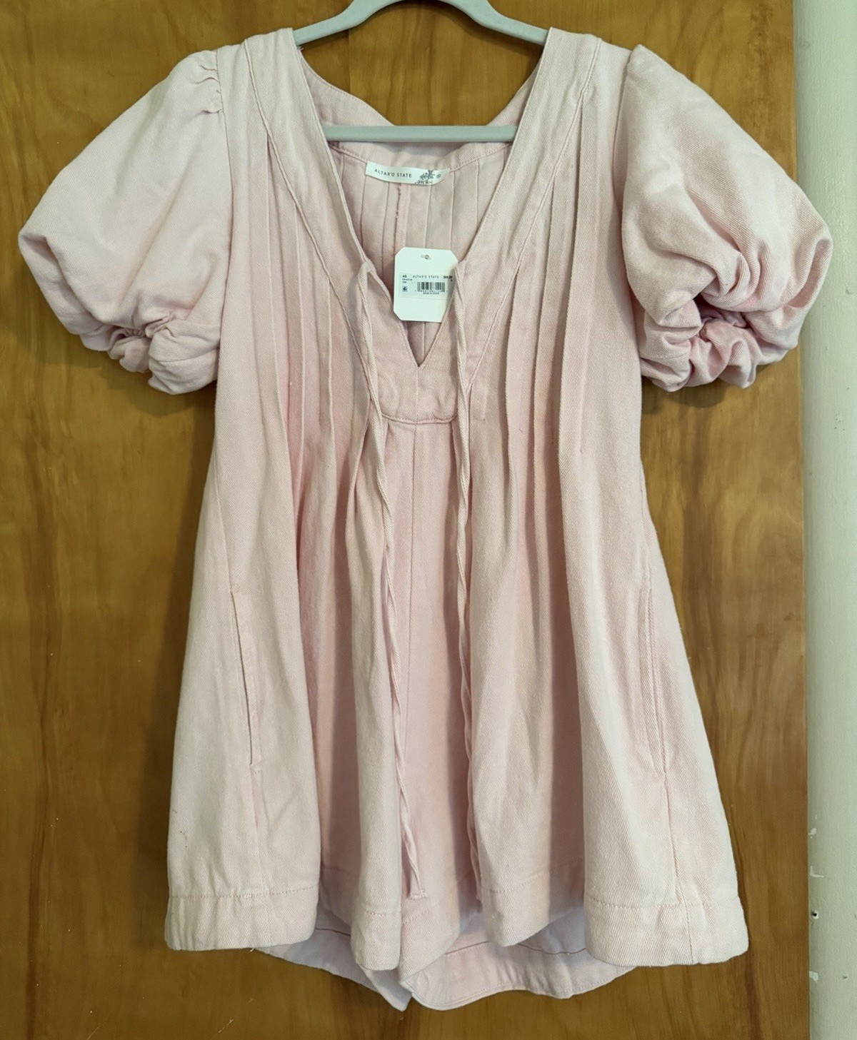 Altar’d State Pink Pleated Puff Sleeve V-Neck Woven Mini Dress S