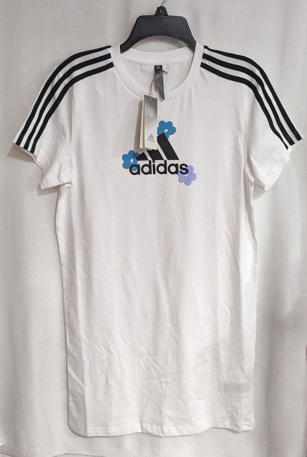 adidas Women’s White/Black Floral Trim T-Shirt Dress (IJ5520) Sizes XS/S/M/L/XL