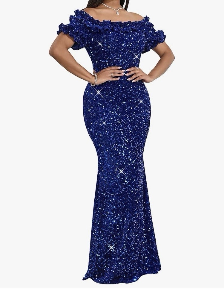 Dasmzper Blue Sequin Off Shoulder Bodycon Dress XL Ruffle Sleeve Zip Long