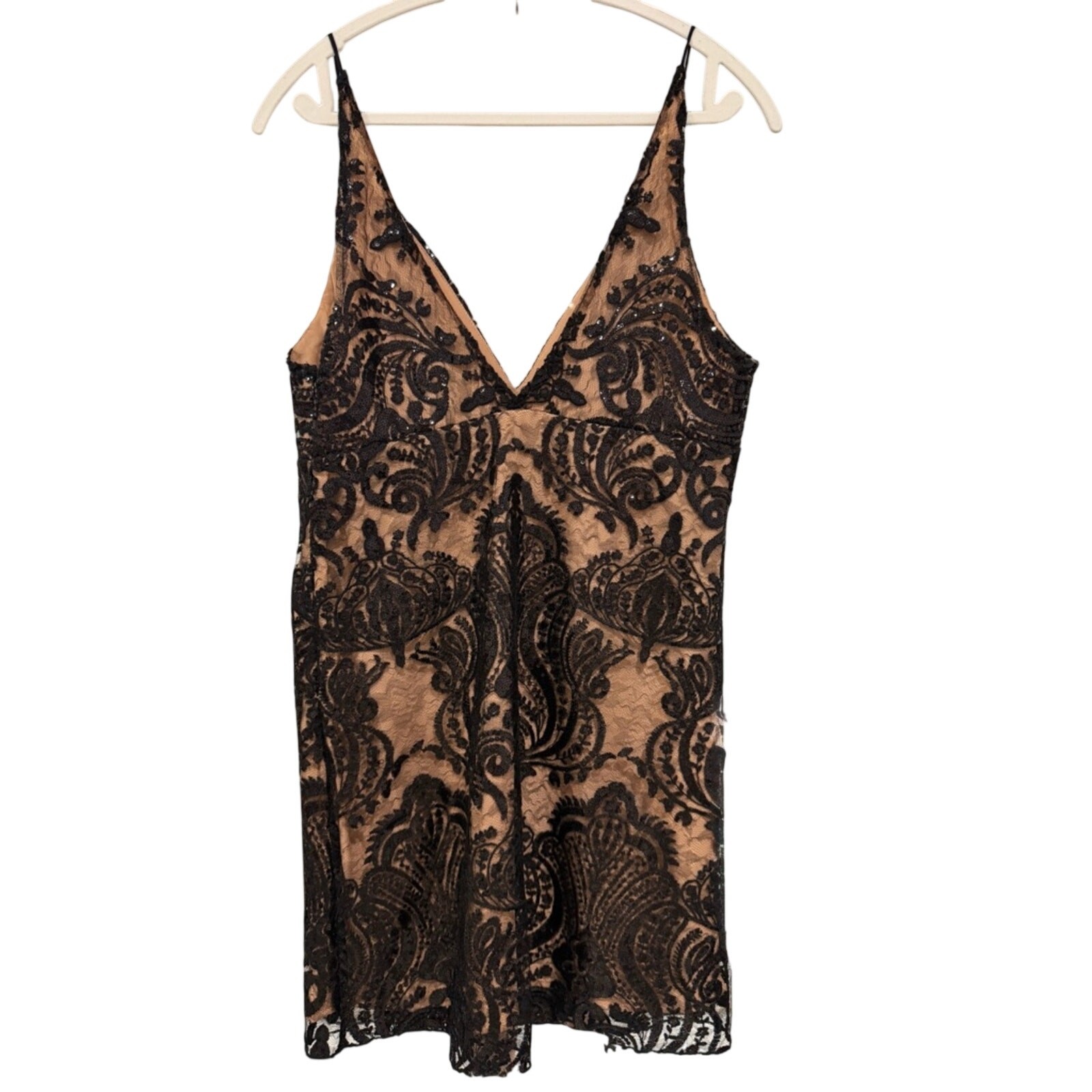 Free People Black Lace Overlay Midi Dress with Nude Slip | 8