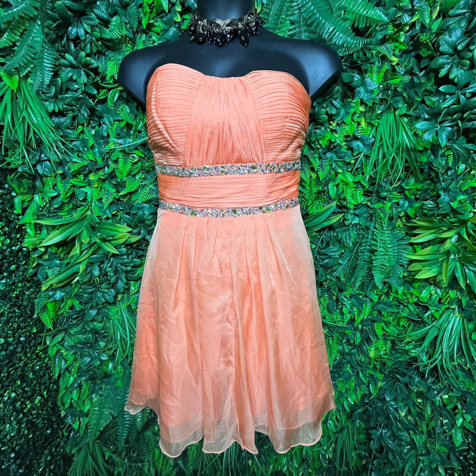 MAY QUEEN Dress 10 Peach Orange Short Formal Beaded Pleated Strapless 1067