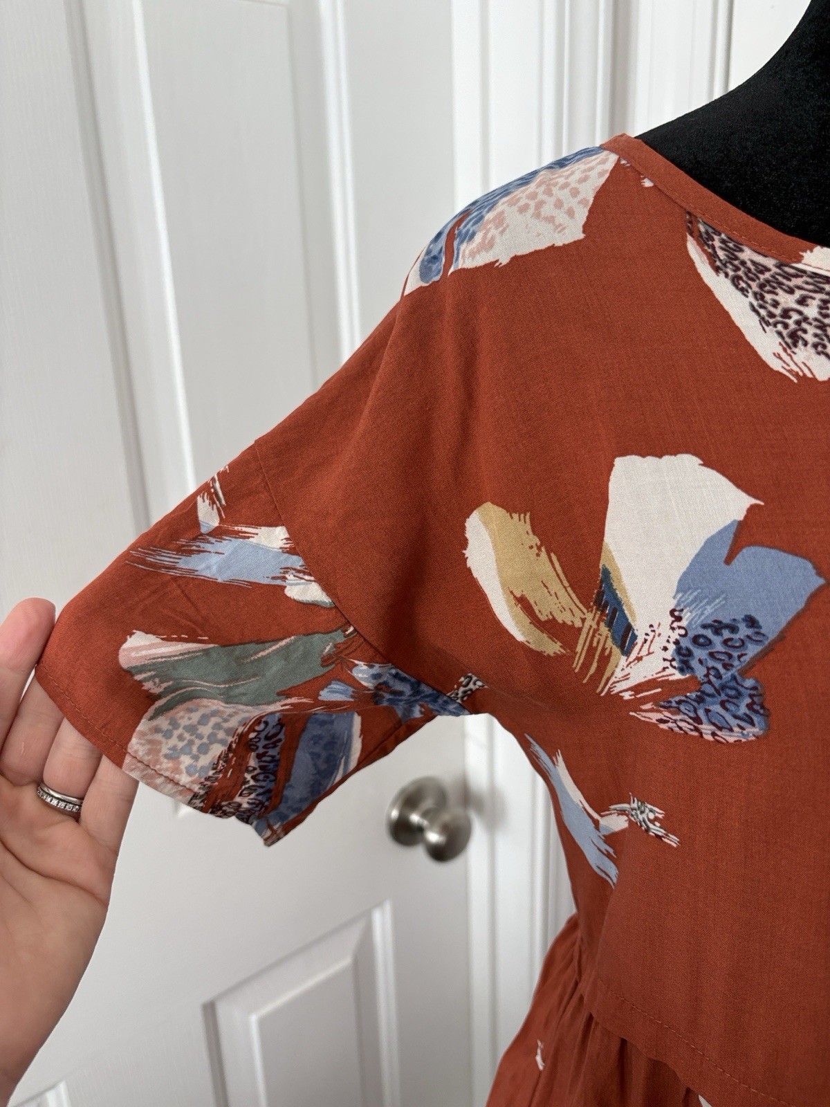 DownEast Rust Floral Midi Dress with Blue & Cream Accents