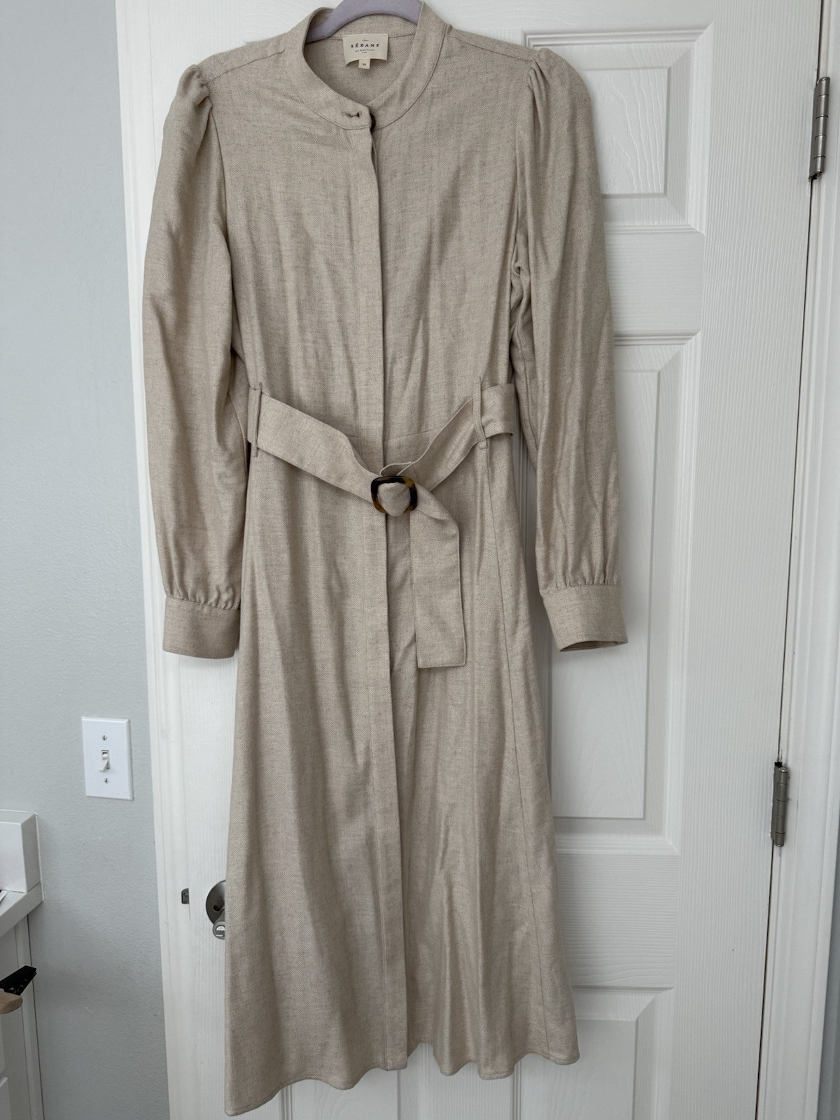 Sézane Beige Belted Midi Shirt Dress, Long Sleeve Button Twill Viscose Wool 38
