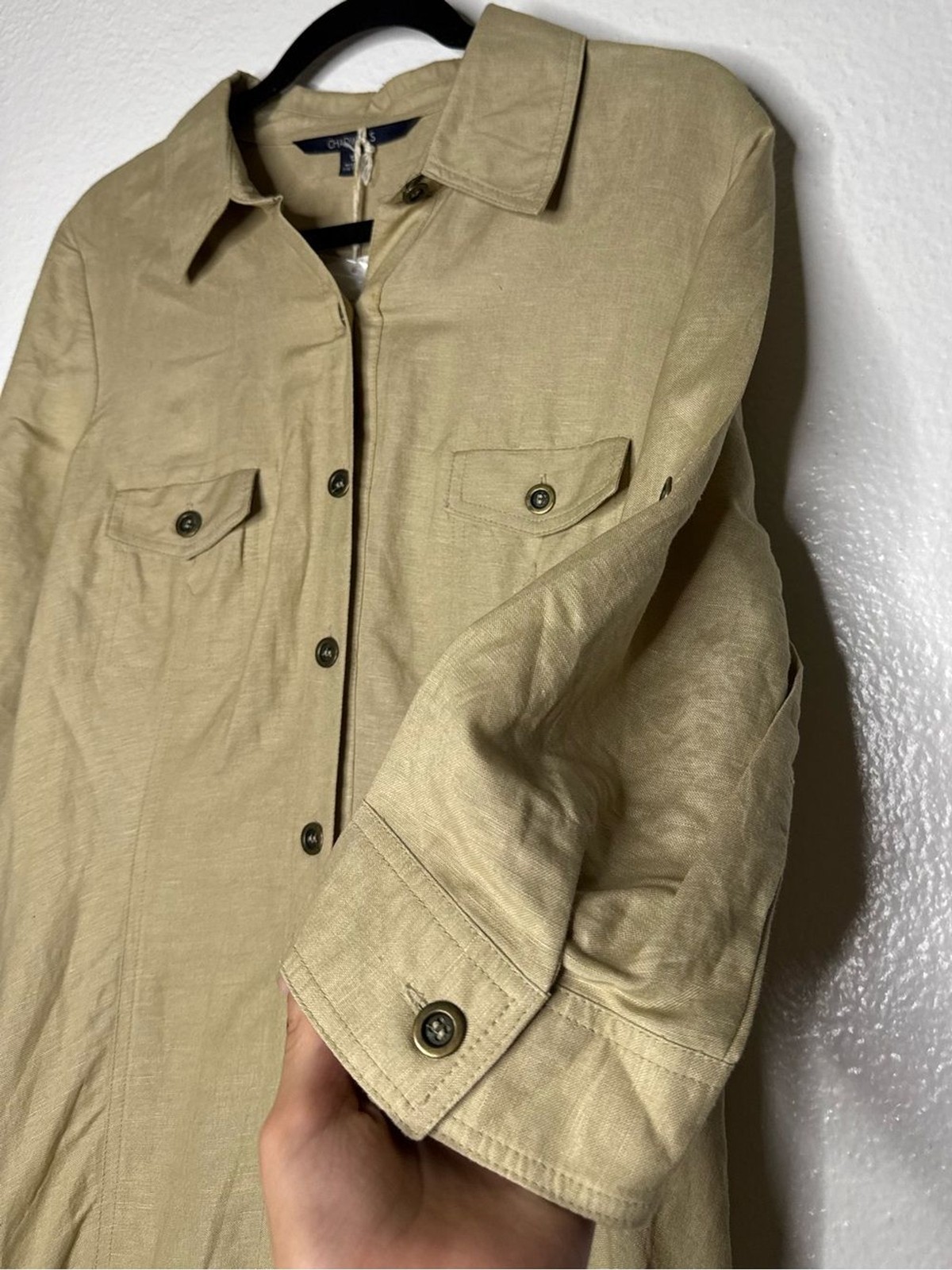 Chadwicks – Khaki Button Front Midi Shirt Dress with Pockets