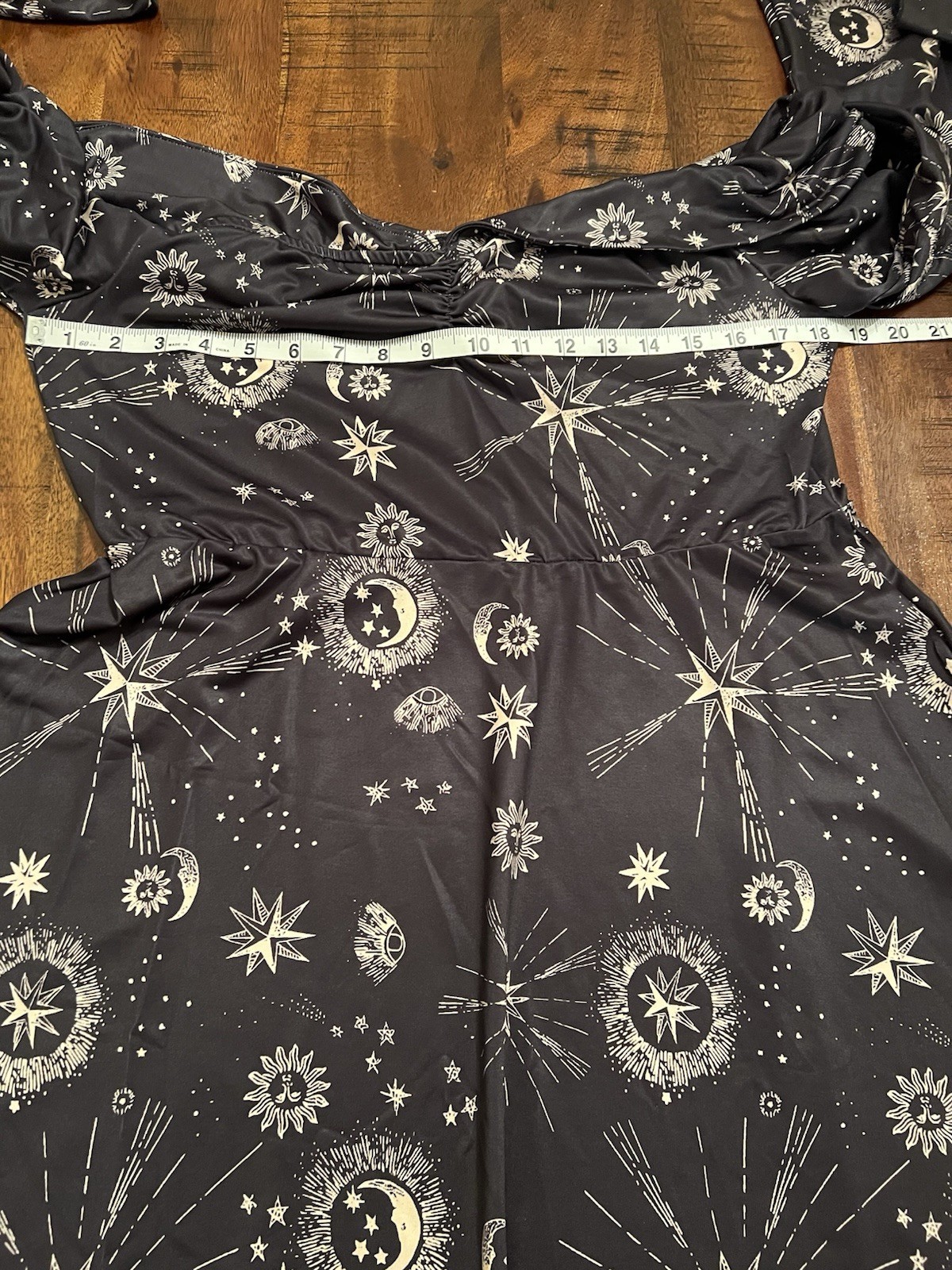 Womens XL Celestial Moon Stars Sun Off Shoulder Mini Dress Bell Sleeve Goth Boho