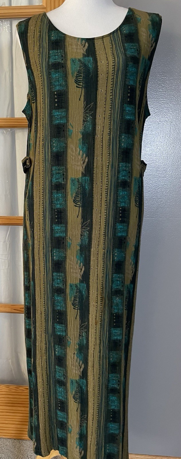 80s Sag Harbor Striped Midi Dress XL Green Beige Leaf Floral Crinkled Classic
