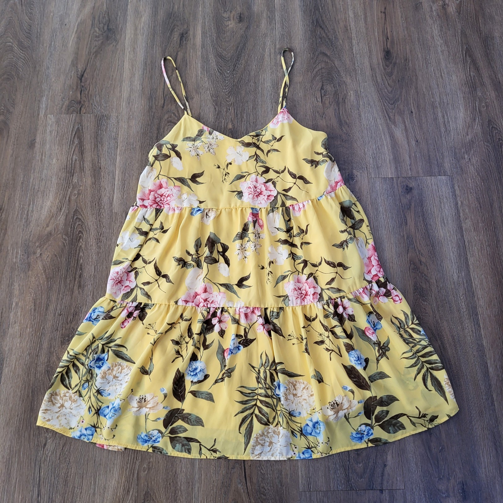 Everly Yellow Floral Tank Ruffle Layer Dress Medium Tiered Flutter Babydoll