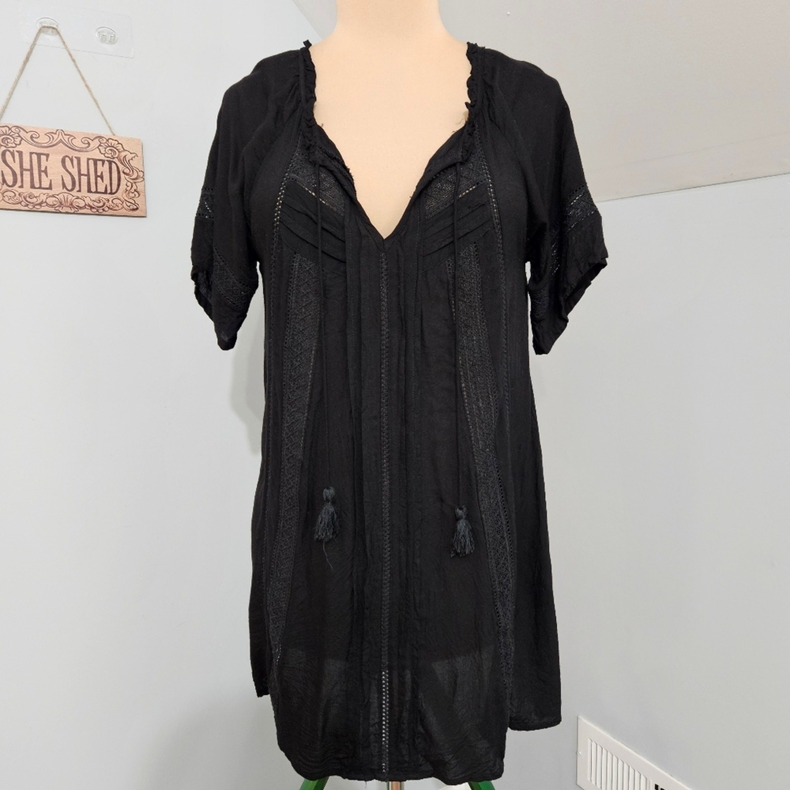 Lagaci Black Boho Embroidered Rayon Tunic Dress Peasant V Neck L Boho Gothcore