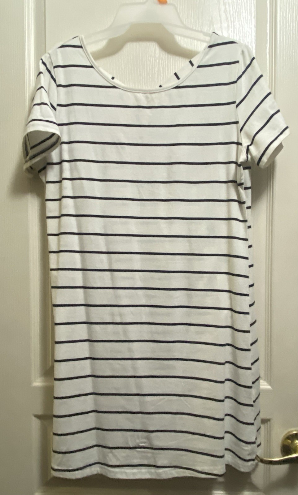 Feager White/Black Striped T-Shirt Short Dress V-Neck Stretch Jersey Womens L