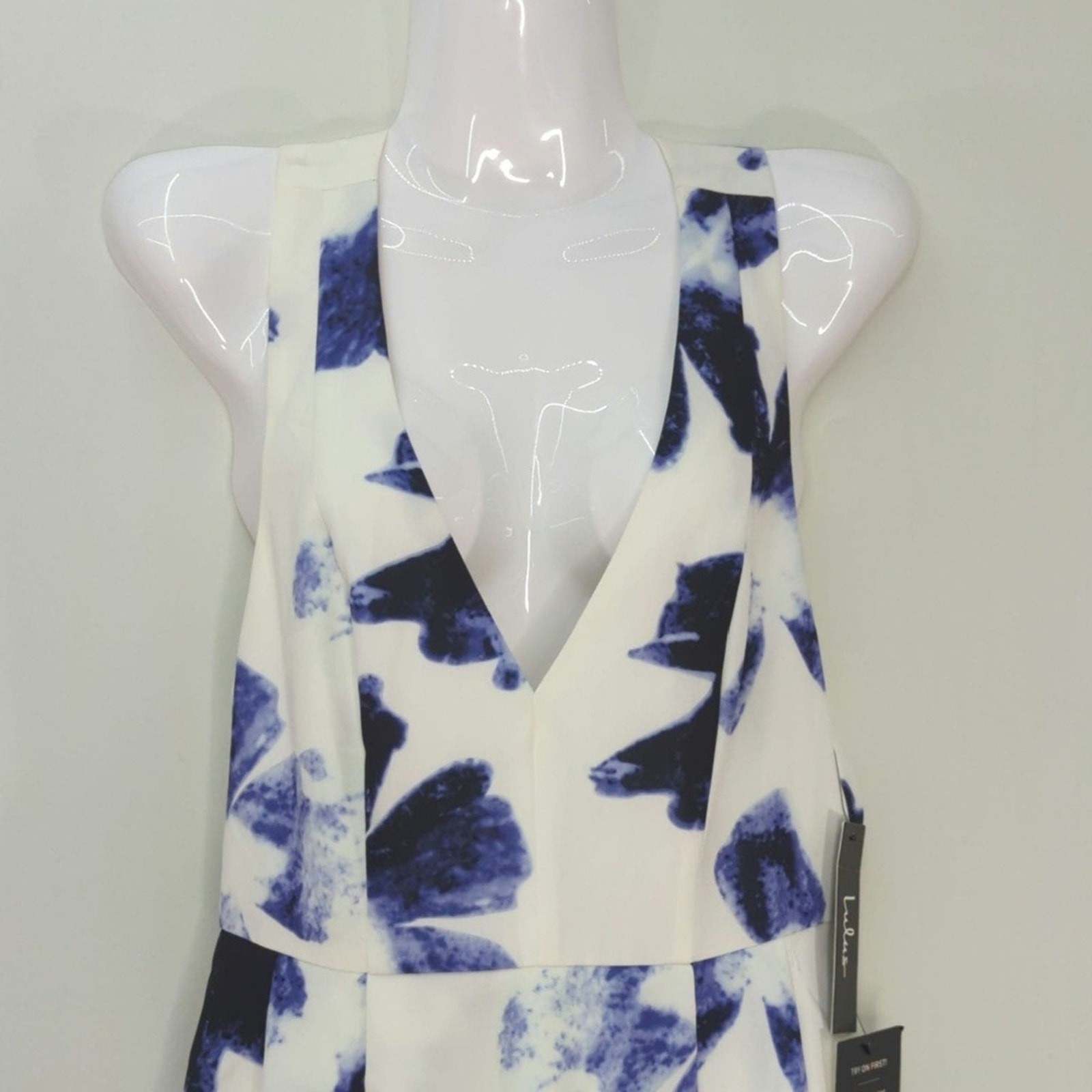 Lulus Seeing Chic Blue and Ivory Print Mini Skater Dress Size S NWT