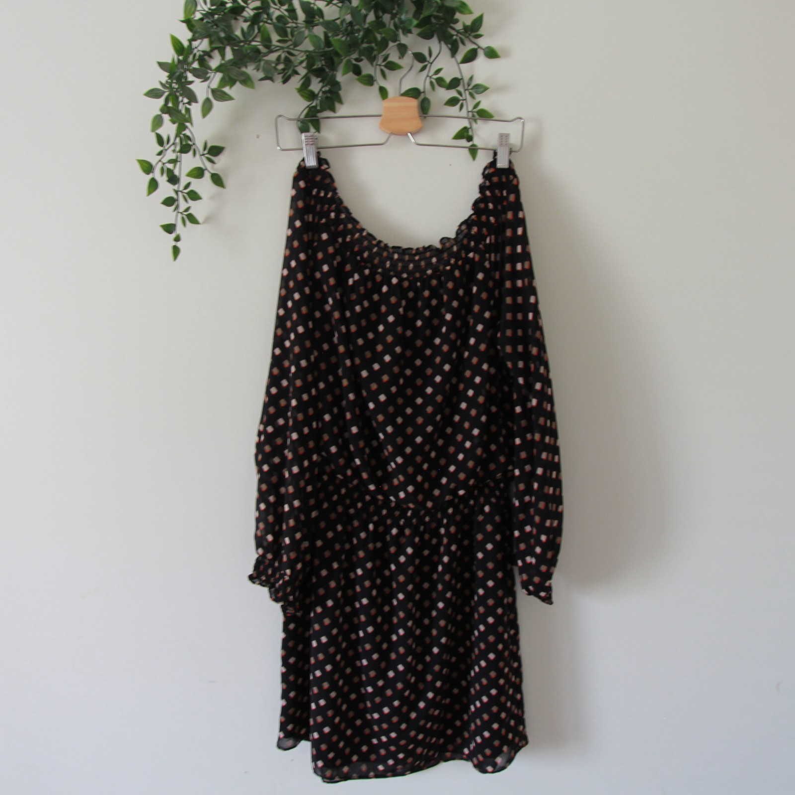 White House Black Market Black Brown Printed Lined Smocked Long Sleeve Dress L