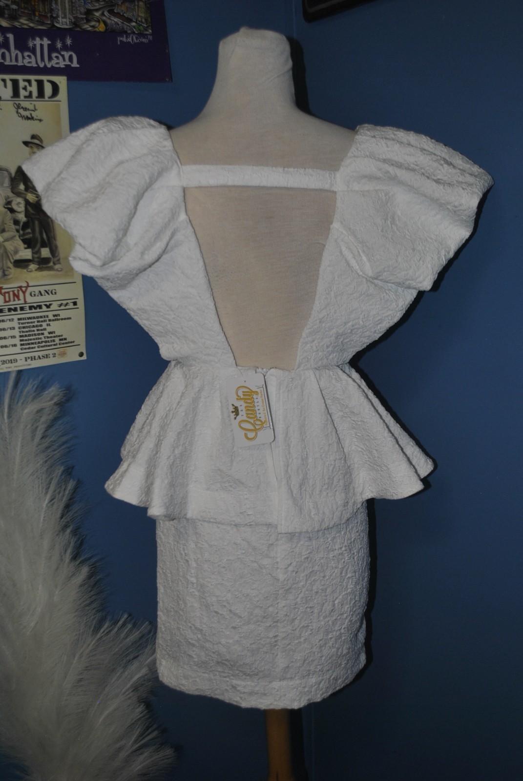 MABLE White Textured Ruffle Peplum Mini Dress Deep V Open Back Size Small NWT