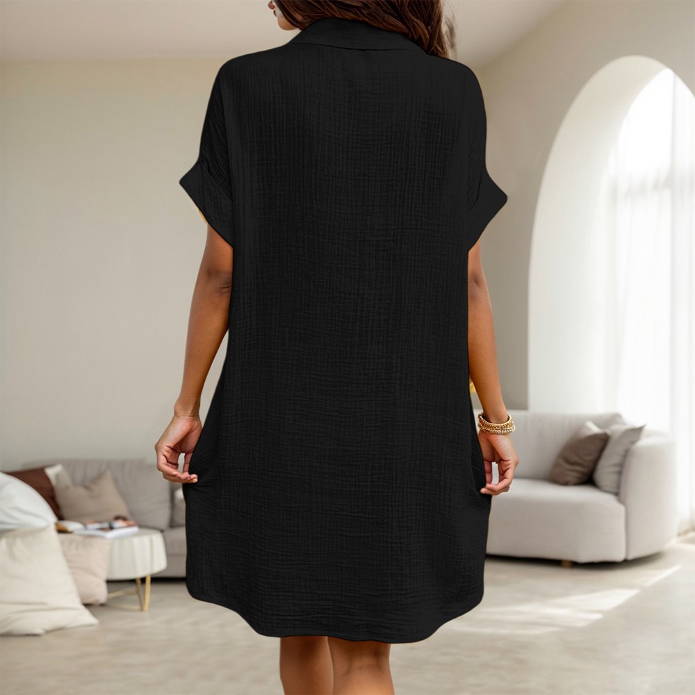 Womens Solid Buttons Down Collar Shirts Dress Ladies Casual Summer Mini Dress US