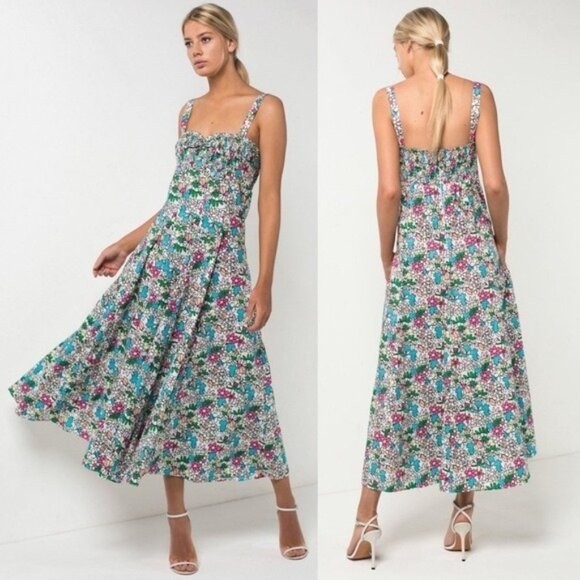 S/W/F Apron Maxi Dress S Lush Floss Multicolor Floral Square Neck Boho Tropical