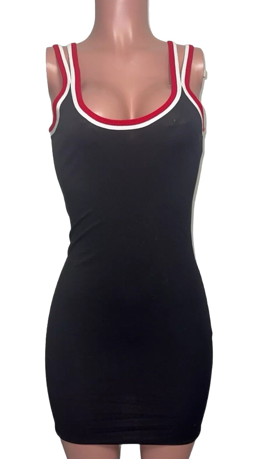 Sporty Black w White Red Trim S/L fitted Mini Dress new L Casual Tank bodycon
