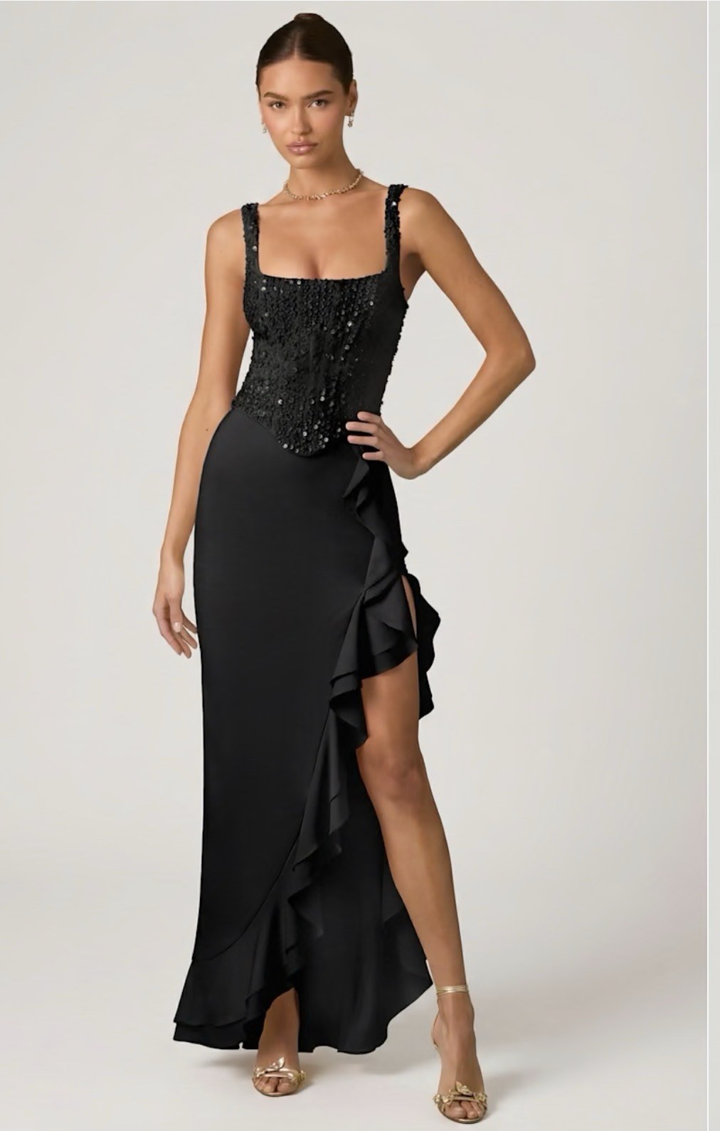 Oh Polly Robina Black Beaded Corset Ruffle Trim Skirt Dress UK 12 US 8