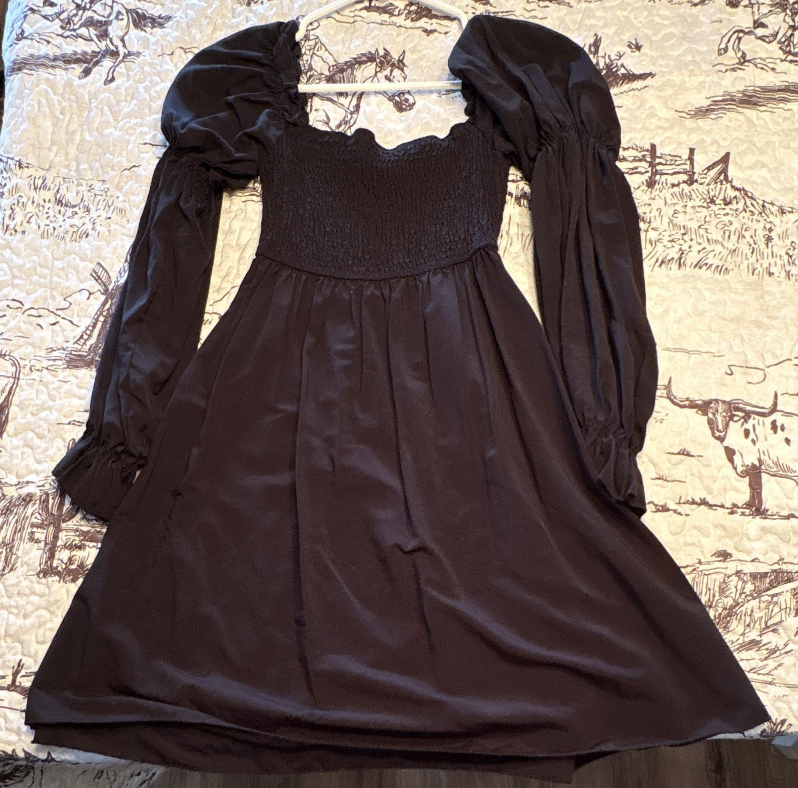 SHEIN Black Smocked Square Neck Puff Long Sleeve A-Line Short Dress M