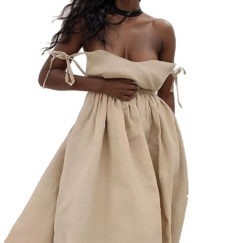 Elegant Backless Spaghetti Strap Dress V-Neck High-Waist Cotton