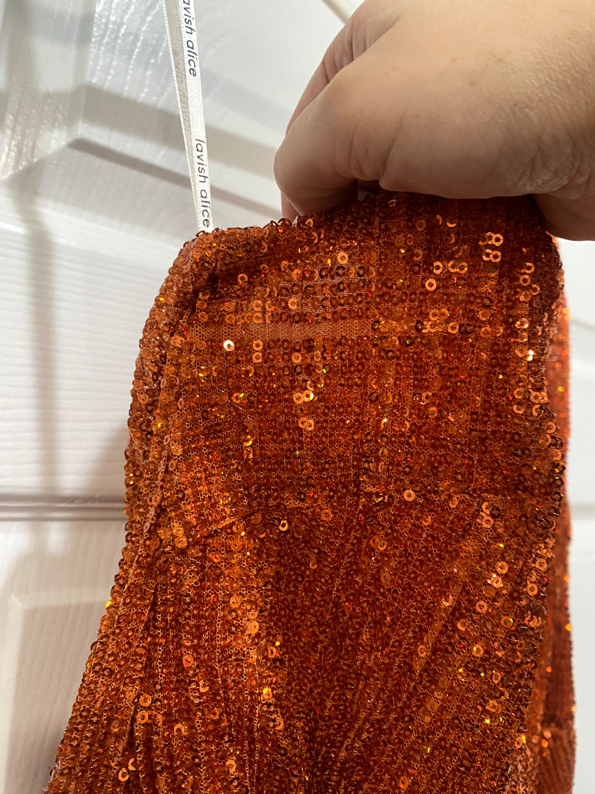Lavish Alice – Pleated Sequin Cut Out Ruched Side Midi Dress in Orange (US 10)