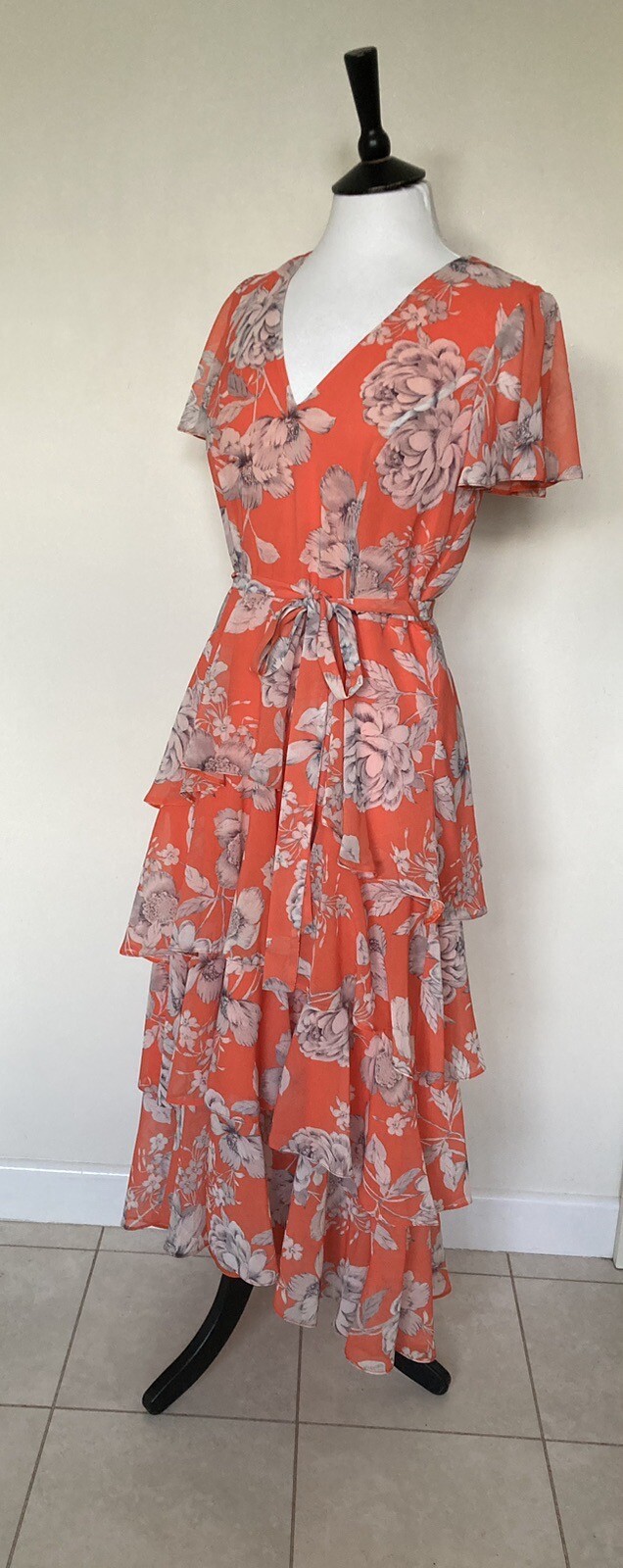 ROMAN ~ Orange Floral Short Floaty Sleeve Ruffle Layered Dress Sz 10