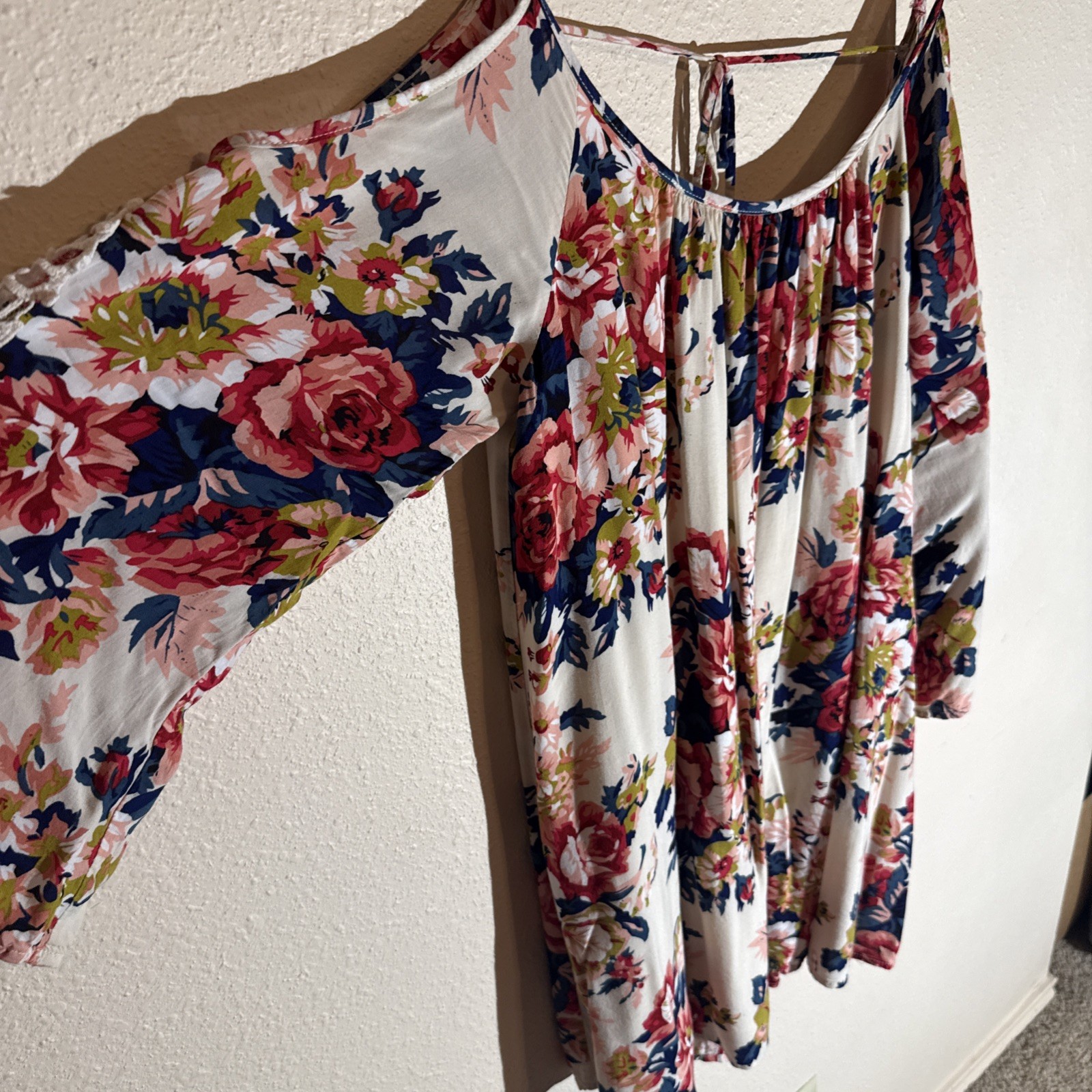 Umgee Med. Floral Boho Off Shoulder Mini Dress Crocheted Detailing Cotton Blend
