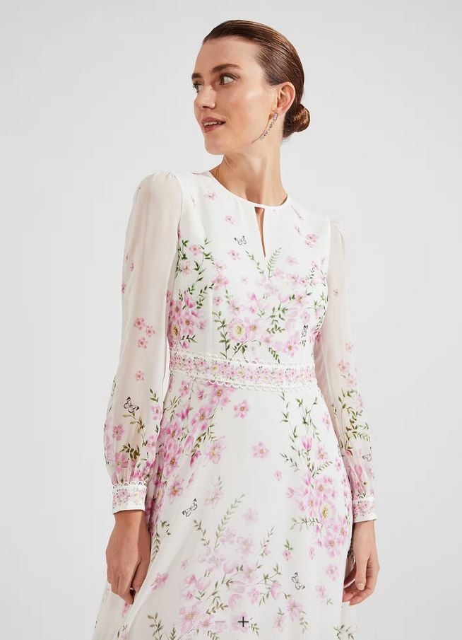 Hobbs Skye Floral Print Pure Silk Midi Dress Ivory Pink Size UK 10 Petite (8-10)