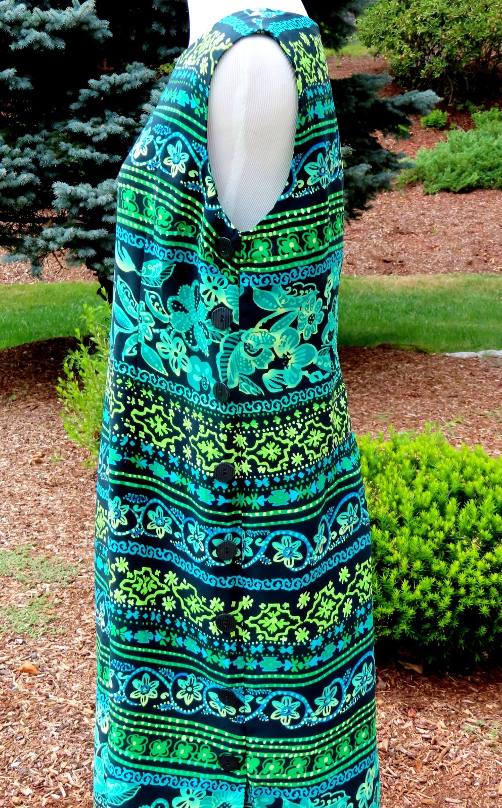 Coldwater Creek 12P Long Sleeveless Dress Blue Green Black Floral Low Side Slit