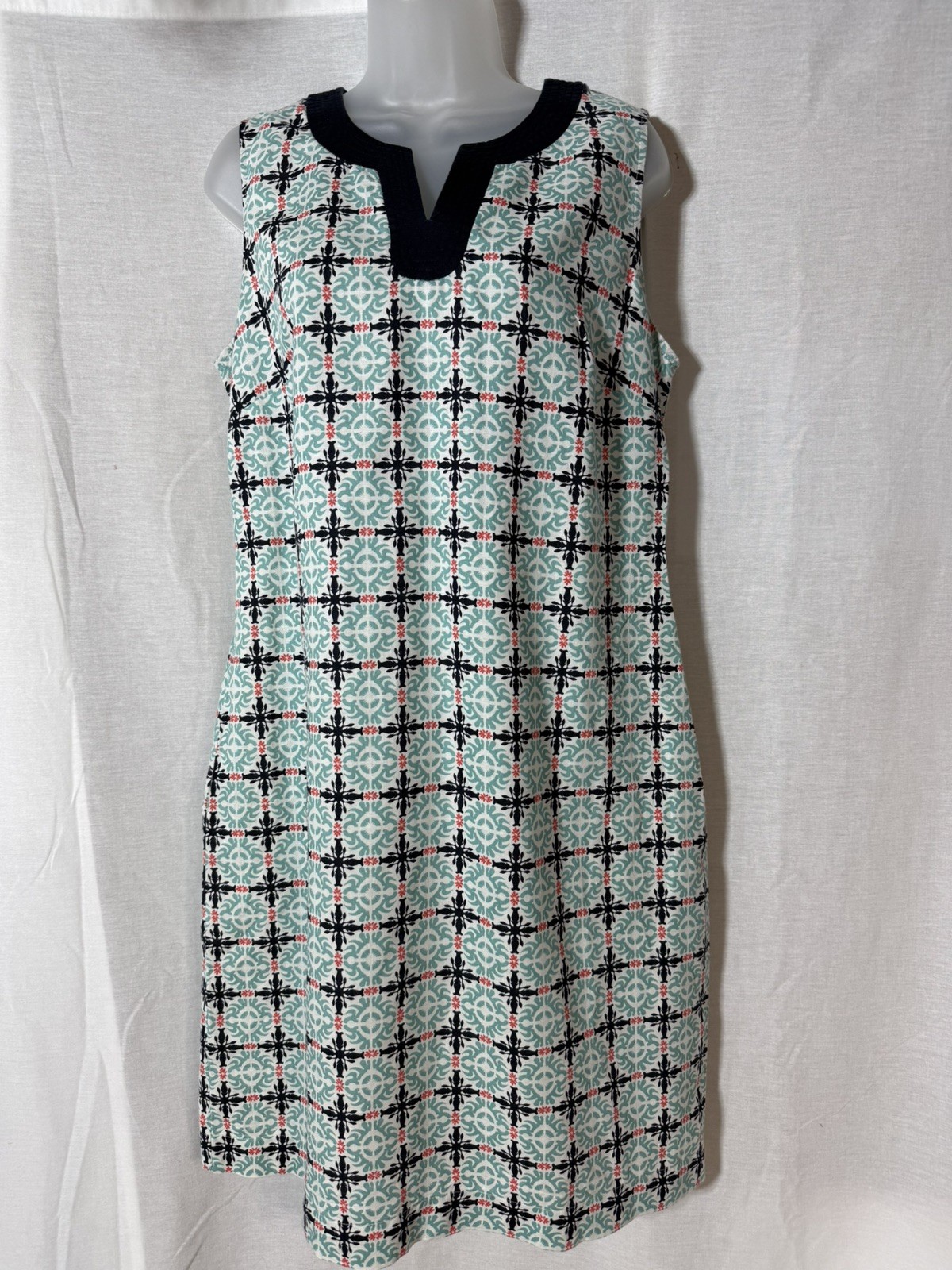 Talbots Linen Blend Sleeveless Shift Dress Geometric Teal Blue Womens Size 10