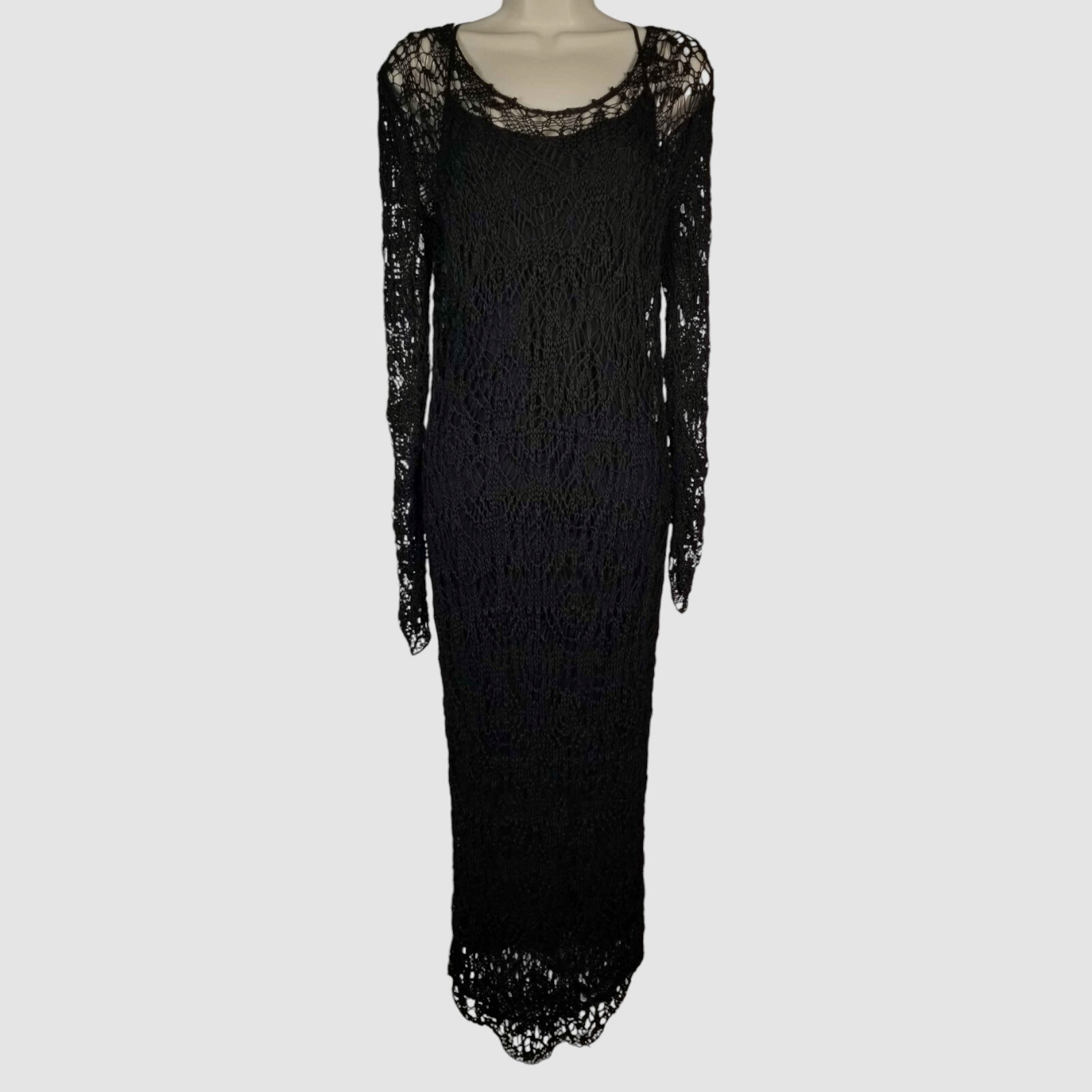 Tom Ford Women Black Crochet Lace Long-Sleeve Scoop-Neck Midi Sheath Dress Sz M