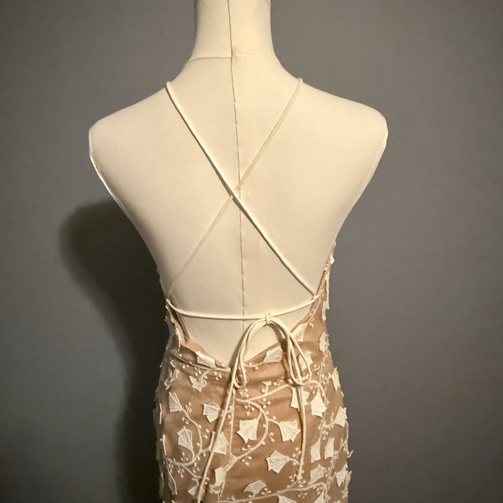 Jarlo Embroidered Mesh Maxi Dress 12 Petite Floral Aplique Nude Illusion Formal