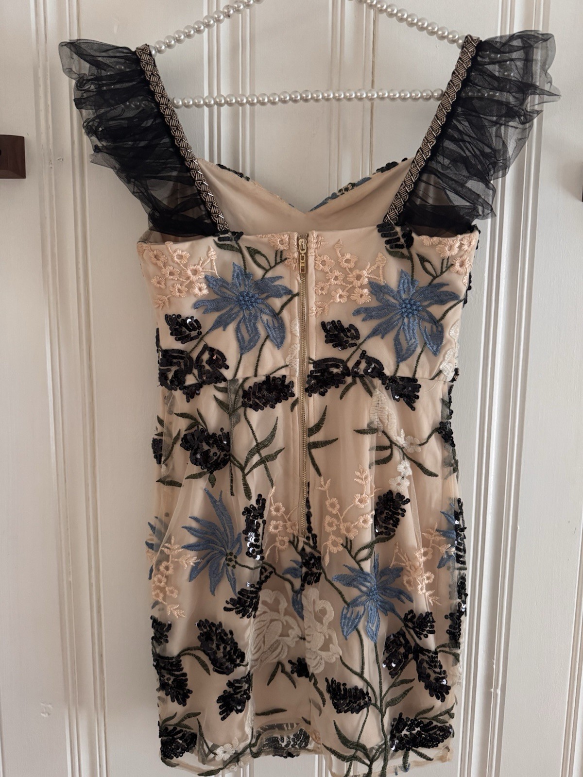 Lulus Beige/Black Floral Embroidered Sequin Mesh Sweetheart A-Line Dress XS