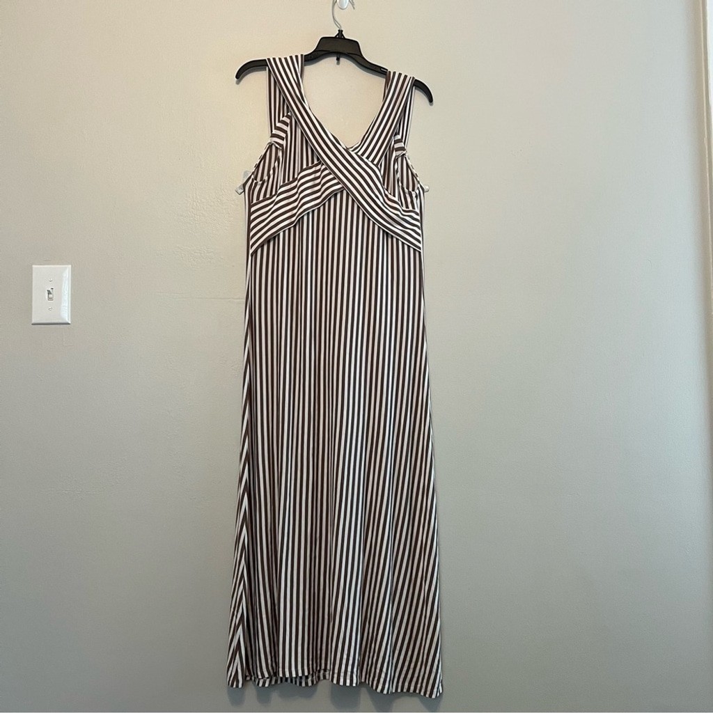 OSO Casuals Viscous Soft Stretchy Maxi Dress in Brown & White Striped Large